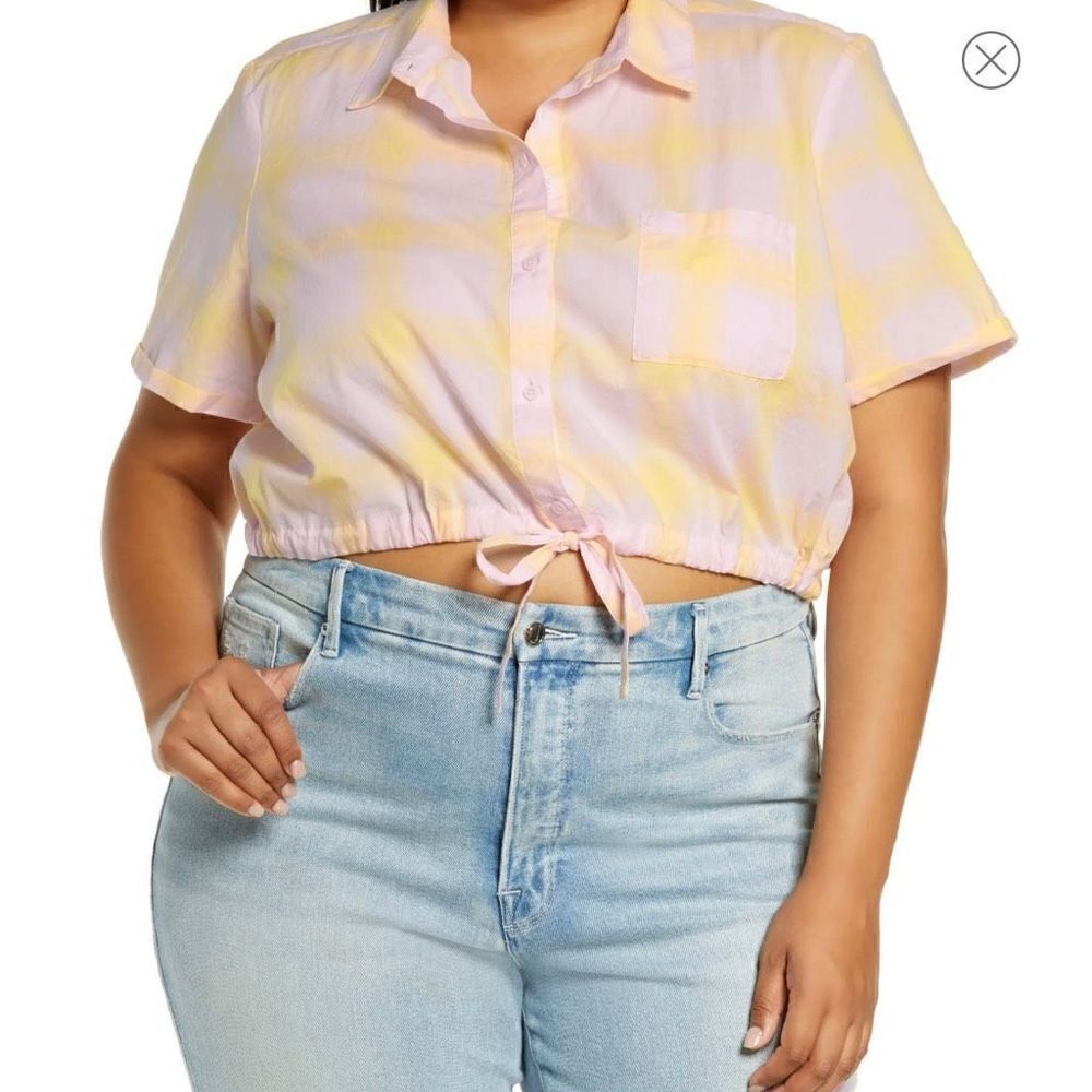 BP Nordstrom cropped button up shirt pink yellow windowpane NWT NEW 1X